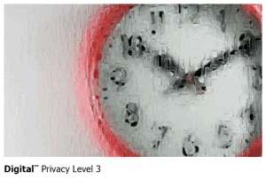 A clock with a digital privacy level of 3, displaying glass types for doors.