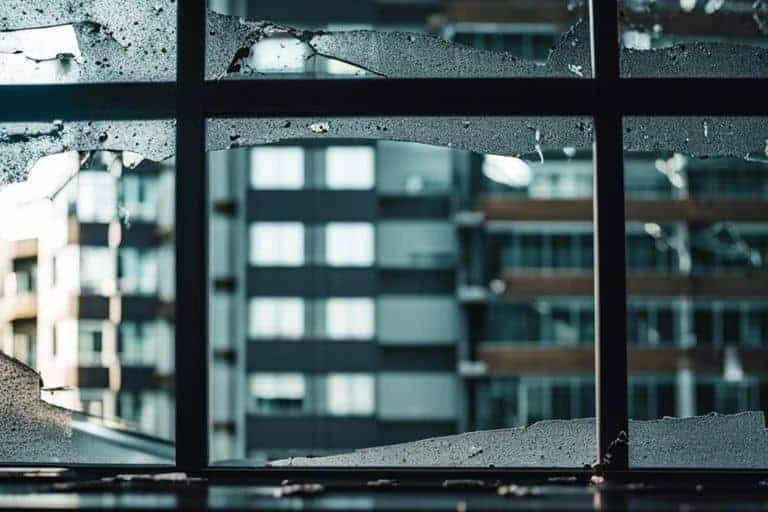 A broken window in a building with buildings in the background.